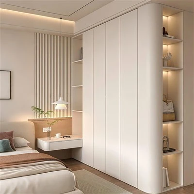 Wardrobe Bán Handleless le Seilfeanna Oscailte Taobh